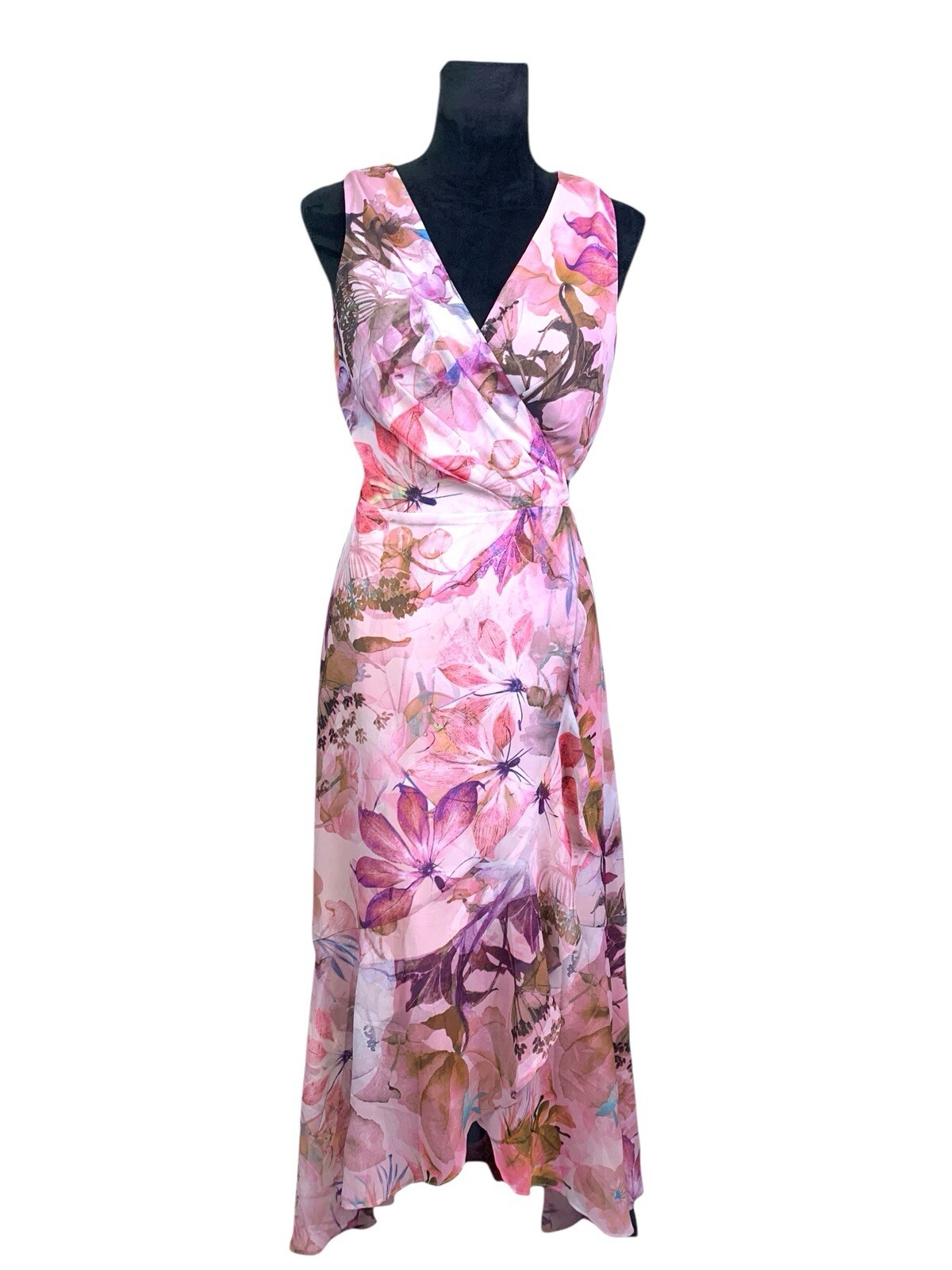 White House Black Market Size 4 Gorgeous Pink Floral Ruffled MIDI Wrap Dress