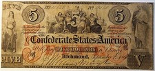 1861 $5. T-31 Confederate States of America note F+