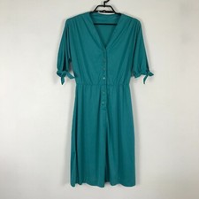 Vintage 1980s Dress Size M Green 3/4 Sleeve Polyester Accent Ties on Sleeves