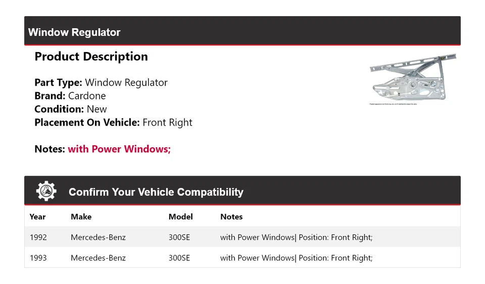 For 1992-1993 Mercedes-Benz 300SE Window Regulator Front Right Cardone - Image 2 of 4