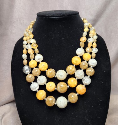 Vintage 60s Mrs Maisel 3 Multi Strand Yellow Cream Orange Plastic Crackle Beads