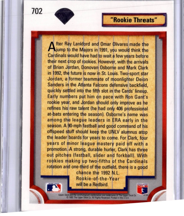 1992 Upper Deck - Brian Jordan, Mark Clark, Donovan Osborne #702 (RC) - Image 2 of 2