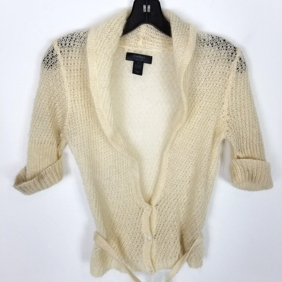 Suéter Express Mujer Lana Mohair Ligero Talla M Marfil Cárdigan Y2K Transparente Cinturón Foto 2 de 4