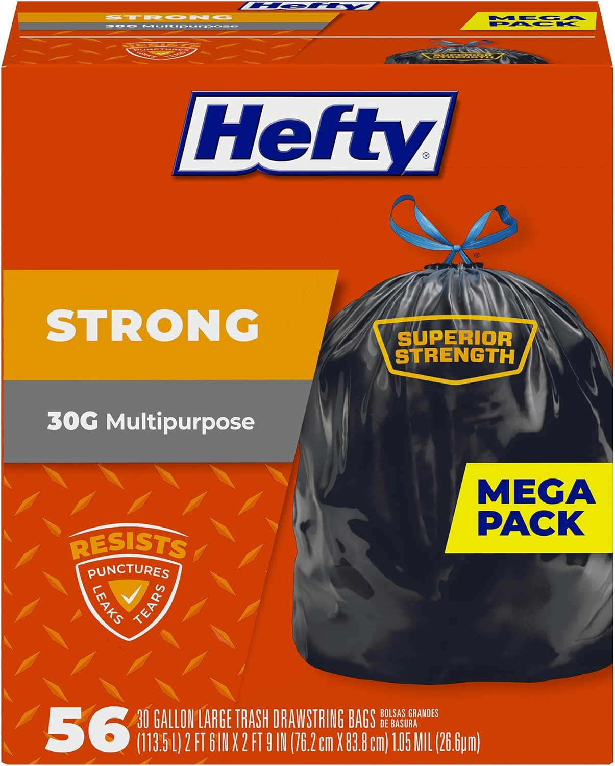 Hefty Strong Large Trash Bags, 30 Gallon, 56 Count 56 (Pack of 1), Black