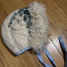 Handmade Baby Bonnet Wool Floral Embroidered Natural Soft Wool Edge Cottagecore