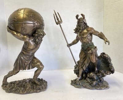 Veronese Atlas Zodiac Box & Poseidon Bronze Finish Greek Mythology Statue Pair