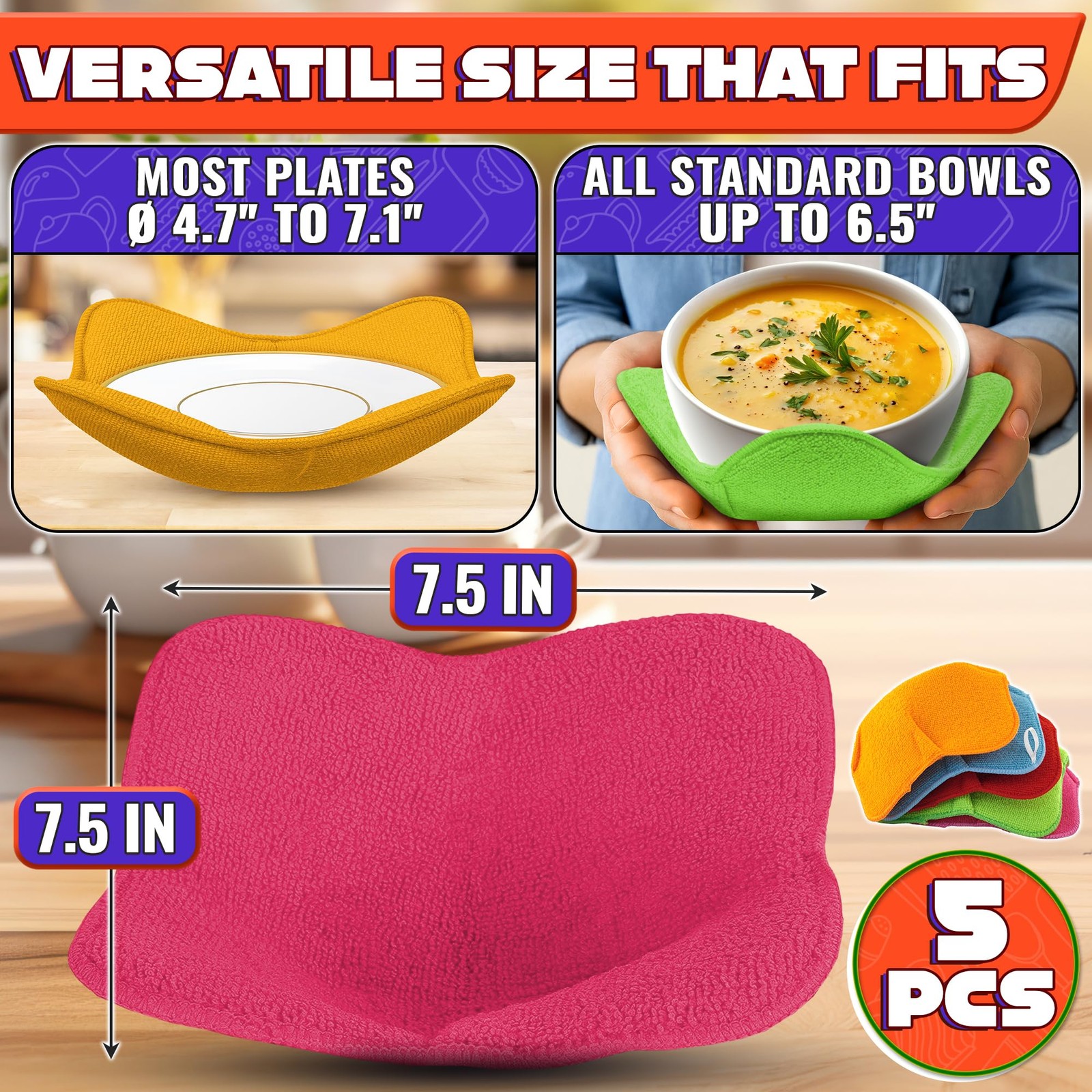 5 Pcs Bowl Holders for Hot Food – Five-Color Microwave Bowl Holder (7.5"x7.5"...