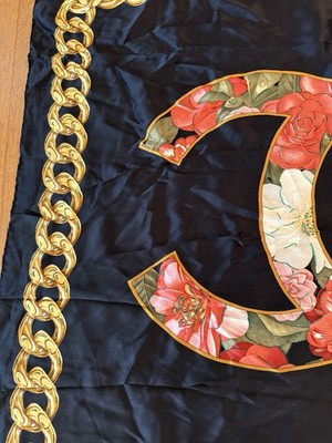 Vintage Chanel silk scarf Double C With Floral Design Black Pink