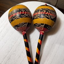 Vintage Pair Haitian Maracas Hand Painted Wood Rumba Shakers Haiti