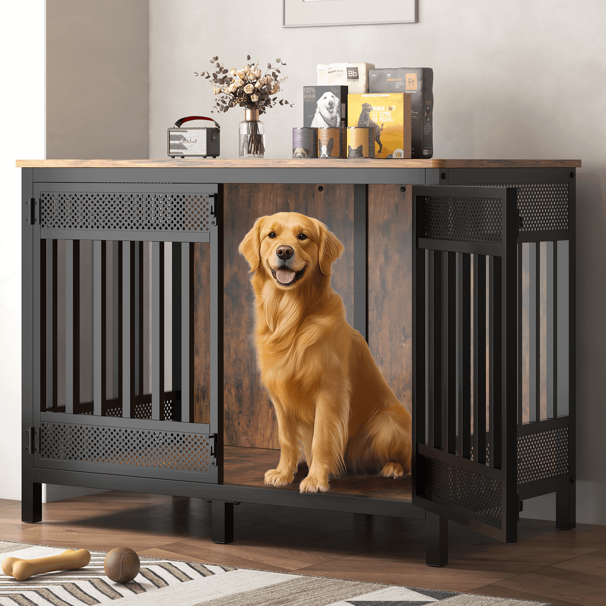 XL Iron&Wood Dog Crate Side Table 47in Double Door Lockable Cage