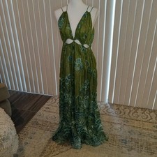 Anthropologie Green Print Sundress W/gold Thread Accents, Sz L, New W/o Tags