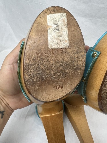 Vintage Y2K türkis BEBE Holz offene Zehenpartie Plateau Heels Größe 6M - Bild 14 von 14
