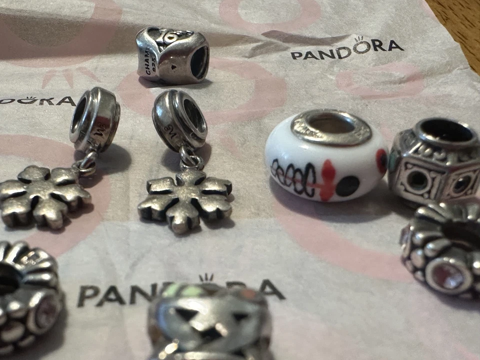 Lot of 8 Pandora & Fenton 925 Silver Charms Beads Basket & Murano / other 925 - Image 2 of 4
