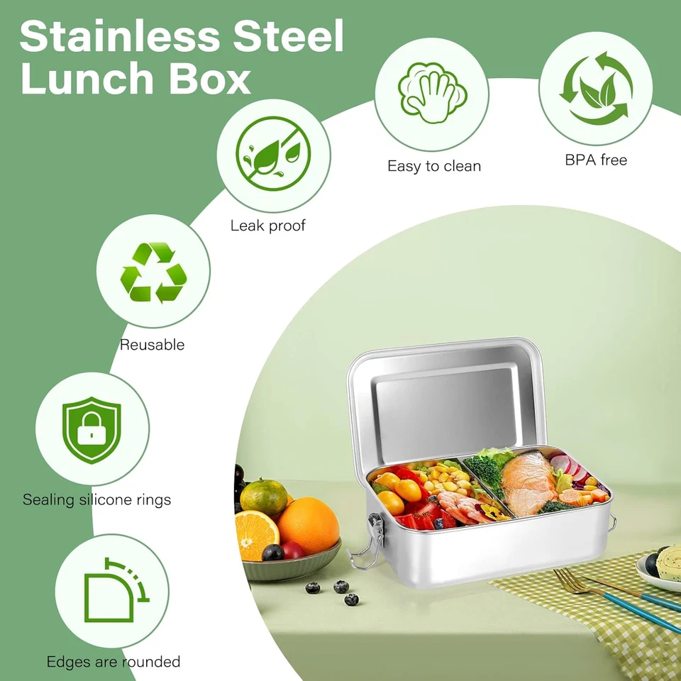 Lunch Box Acciaio Inox Con 2 Scomparti,1400Ml Lunch Box in Acciaio Inossidabile, - Immagine 3 di 4