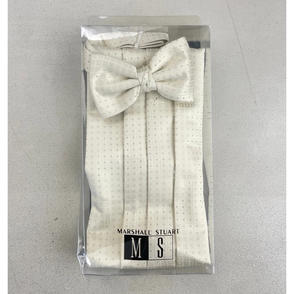 Vintage Bowtie & Cummerbund Set 90s Cream Geometric Satin Jacquard Adjustable - Image 4 of 4