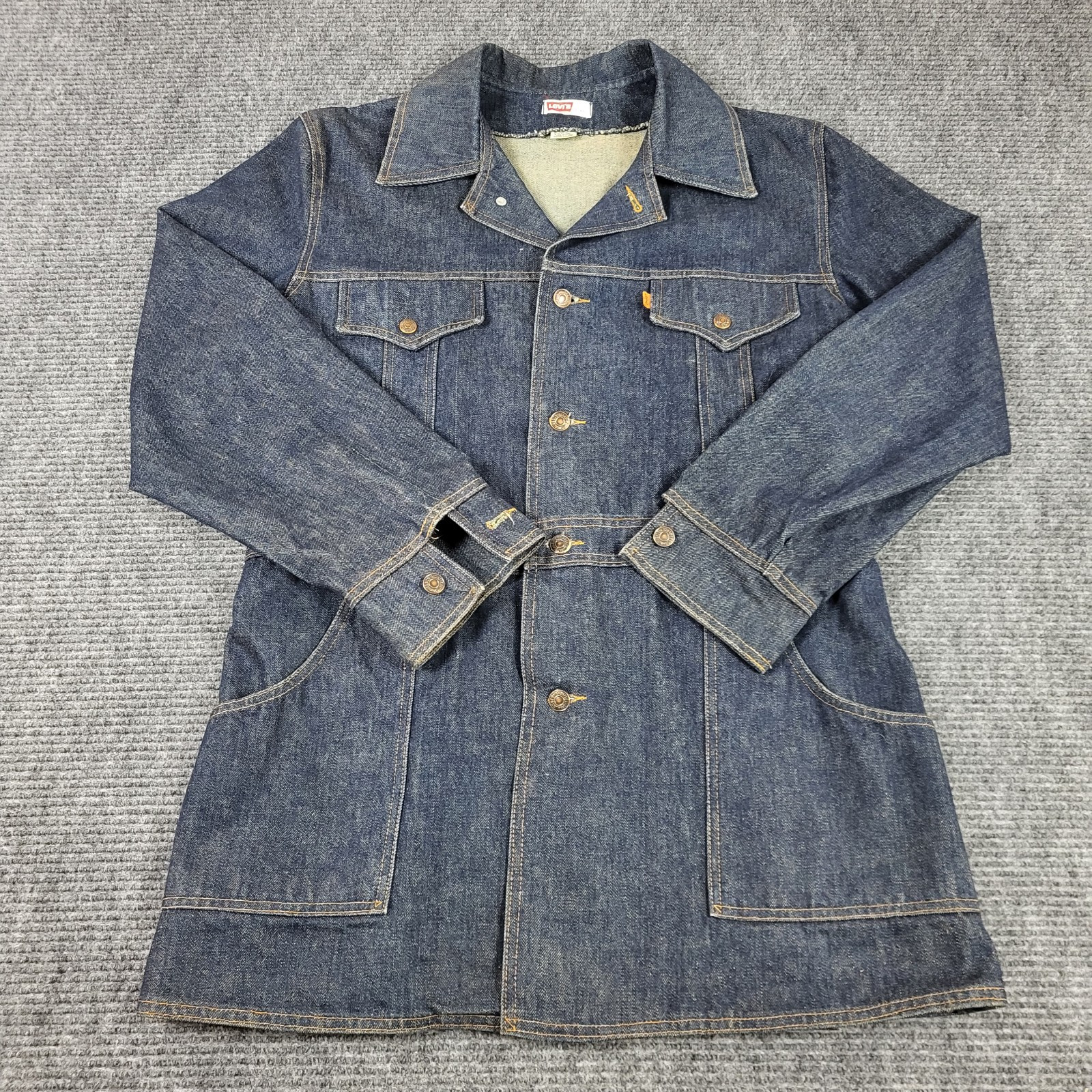 VTG Levis 70s Chore Jacket Men's XL Drak Blue Denim Orange Tab Coat Cowboy Rodeo