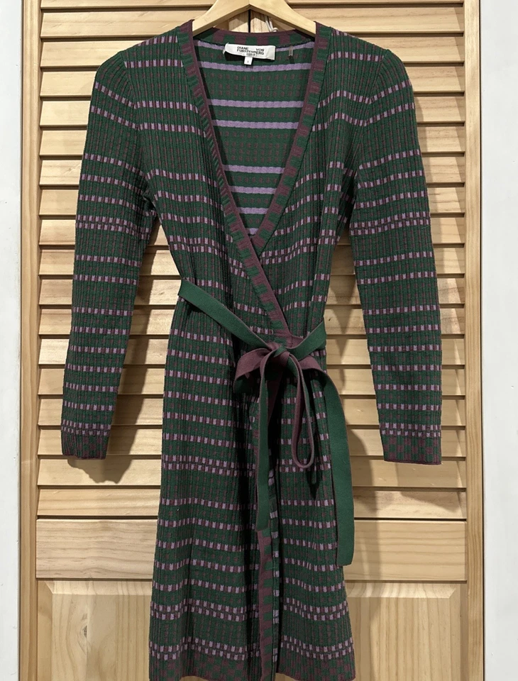 Diane фон Furstenberg зеленый фиолетовый свитер надежном платье размер S см. фото - Изображение 2 из 4