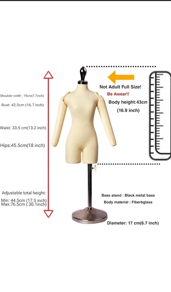 Half Scale Female Dress Form with Arms – 1/2 Size Miniature Tailor Dummy - Image 2 of 4