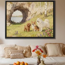Dog Landscape Oil Painting Poodle Corgi Samoyed Wall Art Canvas Print Decor