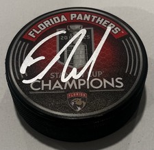 EVAN RODRIGUES SIGNED FLORIDA PANTHERS 2025 STANLEY CUP HOCKEY PUCK W/ CASE COA