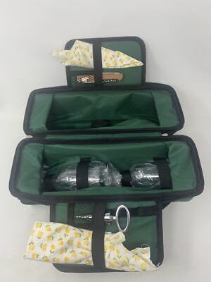 Estate Picnic Time Green Wine Tote 2 Glasses Corkscrew Stopper 2 Napkins New