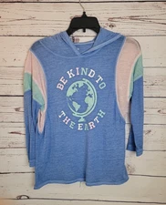 SO Blue "Be Kind To The Earth" Graphic Hooded Long Sleeve Top Women's Size XL