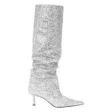 Womens Point Toe Stiletto Knee High Boot Pull On Mid Heel Fold Over Denim Boot 