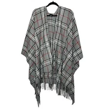 V.Fraas one size gray white black plaid fringe trim scarf throw over poncho wrap
