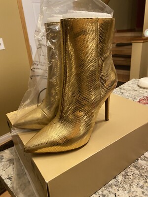 NWB Michael Kors Women Snakeskin Pointed Toe Ankle Bootie, Gold Size 