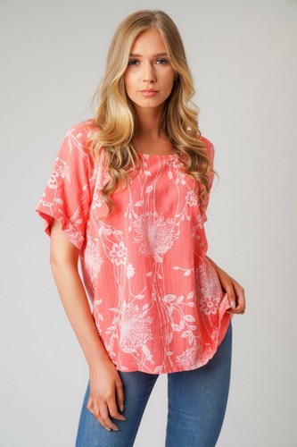 LADIES ITALIAN QUIRKY LAGENLOOK FLORAL LINEN MIX LIGHTWEIGHT CASUAL SHORT TOP - Picture 30 of 55