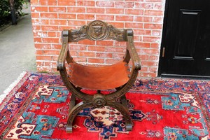Italian-Renaissance-Savonarla-Walnut-amp-Leather-Arm-Chair