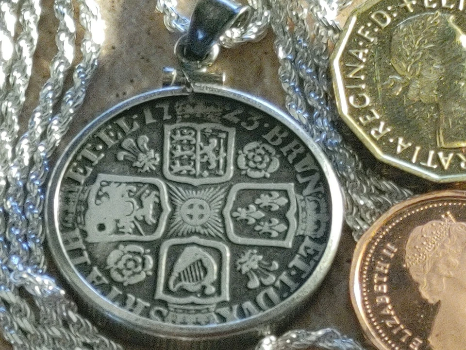 Подлинный 1723 старинный темный английский шиллинг подвеска на 24» серебряная цепочка - Изображение 4 из 4