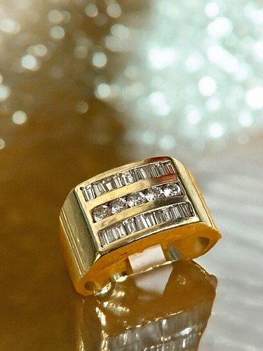 Men's 14K Yellow Gold Diamond Ring 0.63ctw Round & Baguette 3 Row Channel Sz 9.5 - Picture 4 of 11