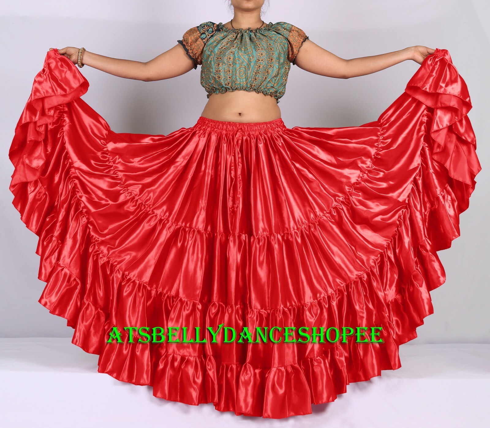 Falda roja satinada 25 yardas 4 niveles gitana danza del vientre flamenco renacentista falda falda