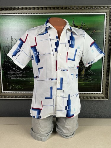 Camicia uomo anni 70 Disco Mr. Jan motivo geometrico poliestere manica lunga media - Foto 2 di 10