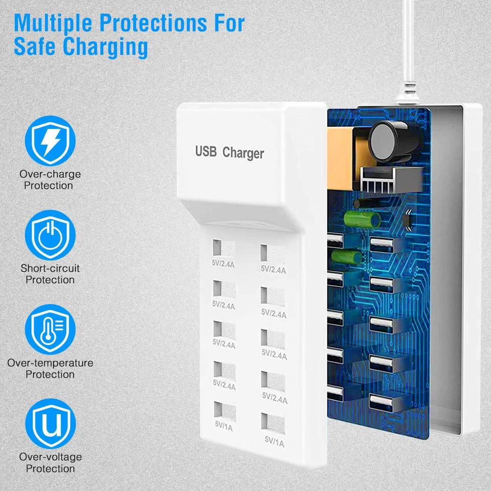 10 Port USB Charging Station Hub Power Adapter 50W Fast Charger for Phone Tablet - Image 4 of 4