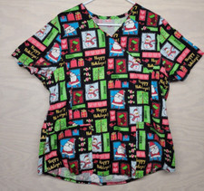 Women's SZ Large Scrub Top Christmas Holiday Santa Snowman Stockings Pockets