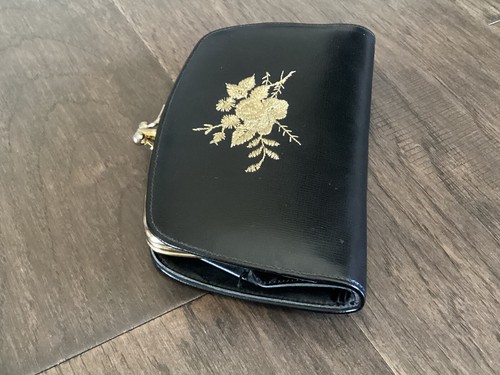 Portafoglio Vintage Baronetto Donna Pelle Nera Ricamato Fiori Oro - Foto 2 di 11