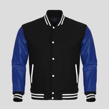 Black Blue Varsity Jacket Men's Baseball Bomber Coat Letterman College Style S-X
