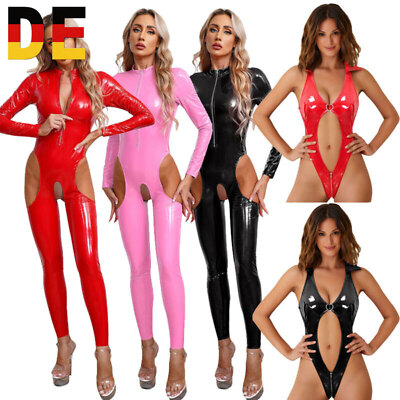Damen Wetlook Catsuit Lack Leder Overall Jumpsuit Dessous Clubwear Nachtwäsche 