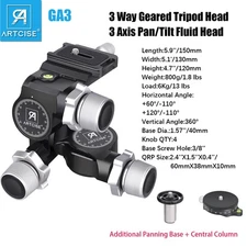 3-Way Geared  Head 3 Axis Pan/Tilt Fluid Head Tripod Head Aluminum 1/4" Top