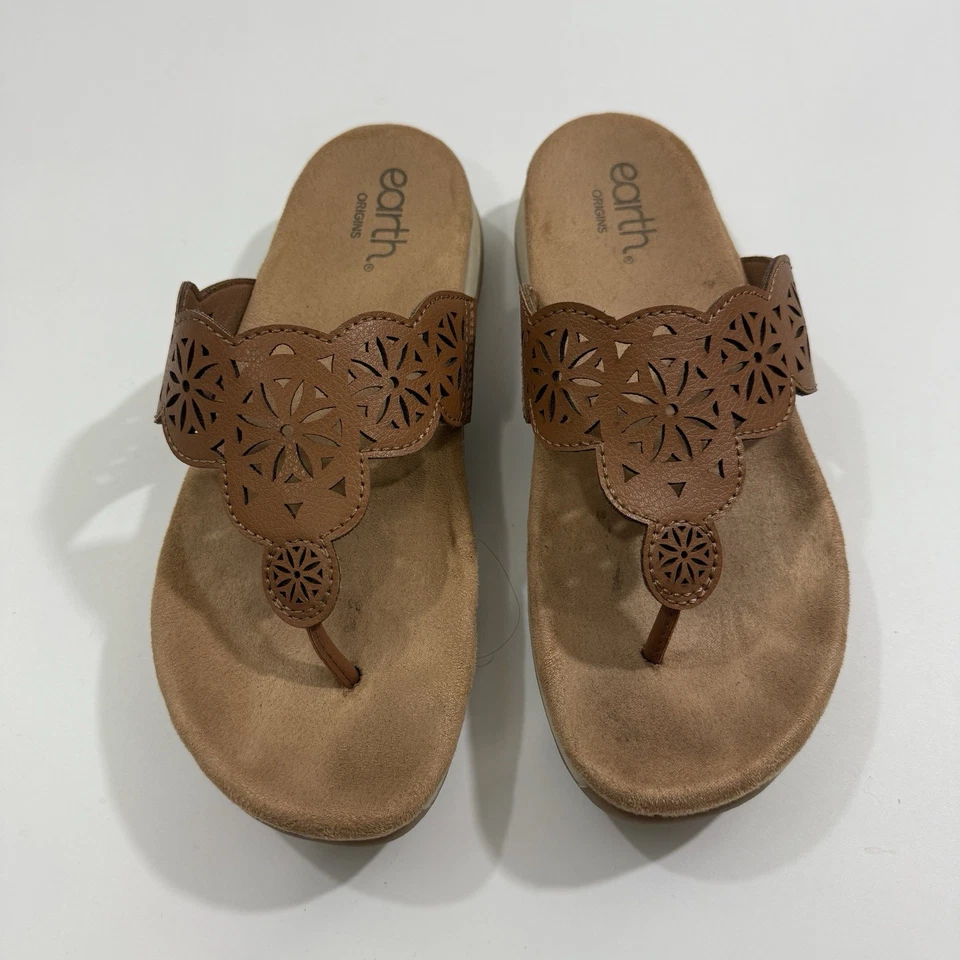 Earth Origins 丁字鞋垫凉鞋棕色皮革穿孔带 尺寸 7 人字拖 — 第 3/4 张图片