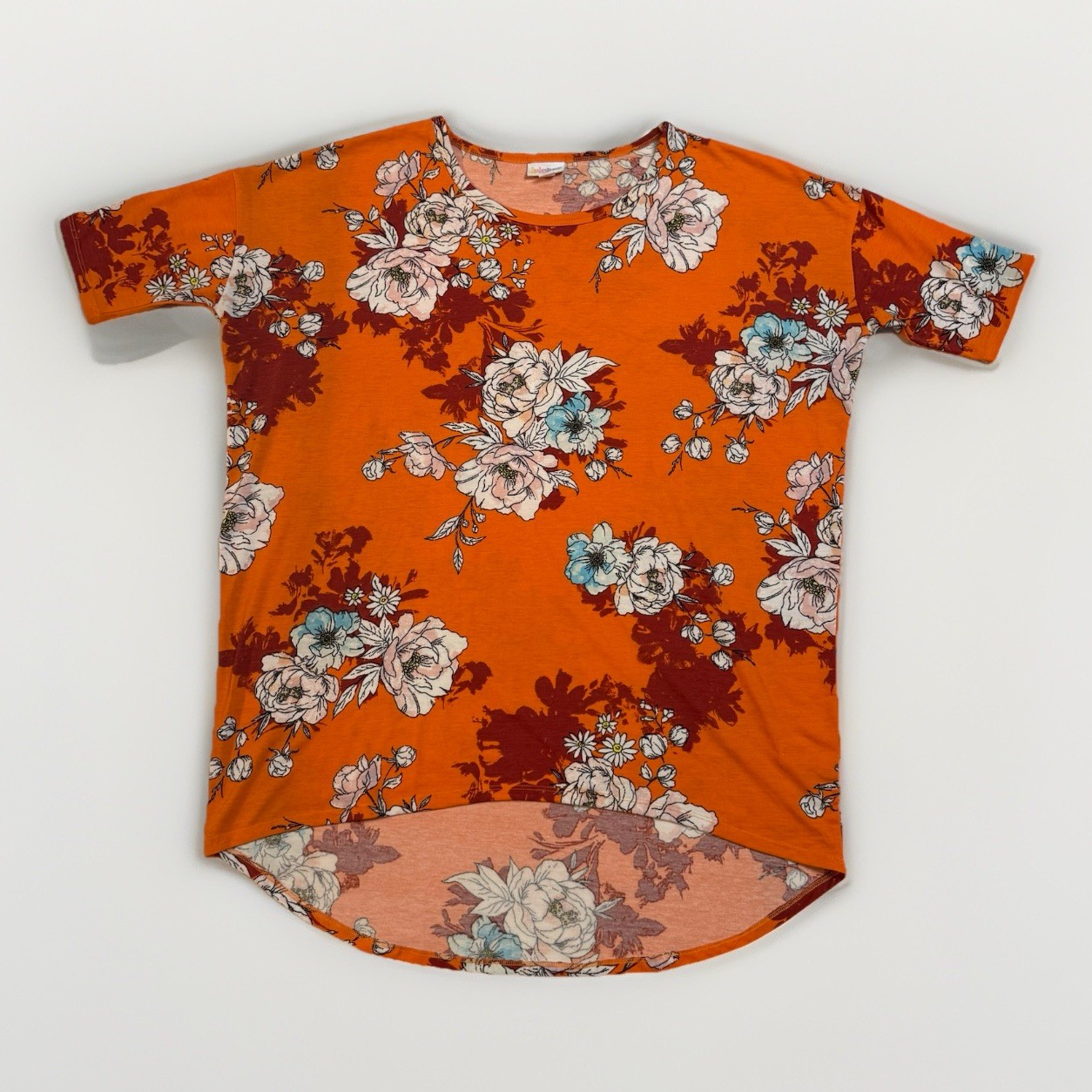 LuLaRoe Irma Tunic Top Large Orange Floral Retro High Low Short Sleeve