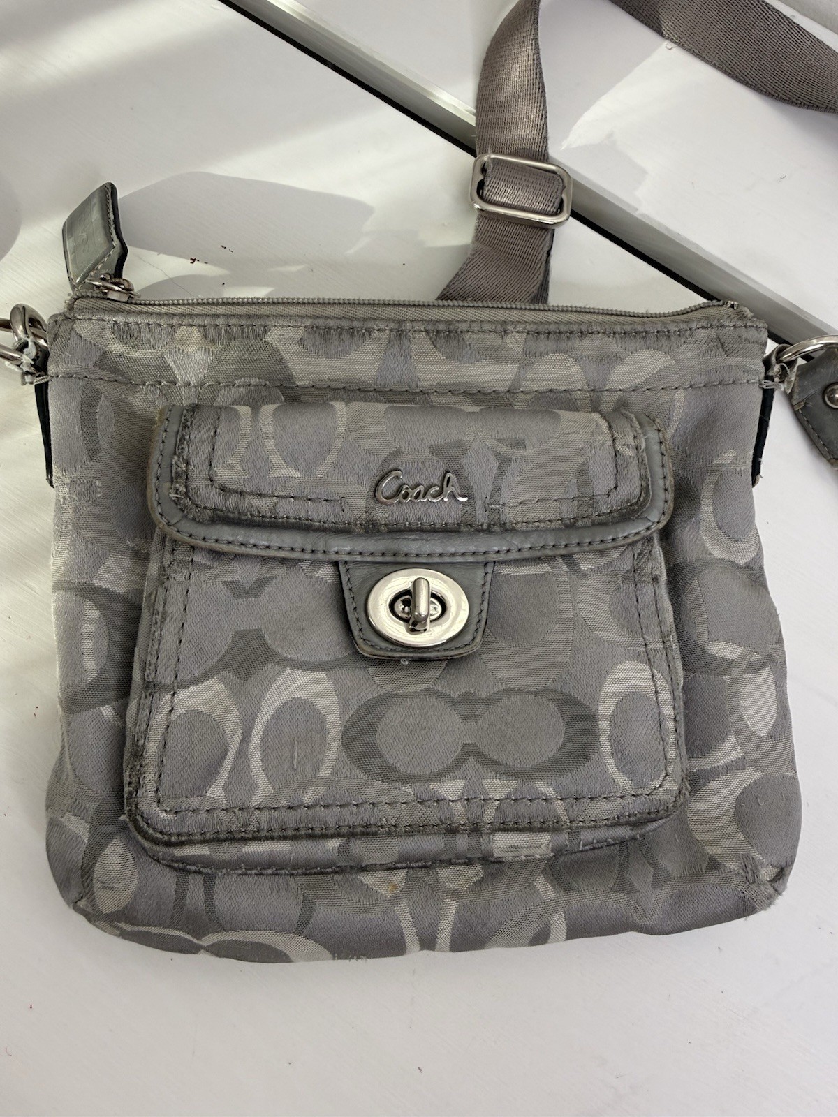 Coach Signature Gray Jacquard Crossbody Bag Silver Turnlock Pocket Purse