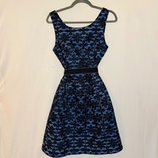 Floral Lace Fit and Flare Dress Blue Black Sleeveless Cocktail Party RN 146964
