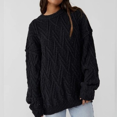 FREE PEOPLE Black Isla Cable Knit Tunic Chunky Warm Long Sleeve Sweater Size XS