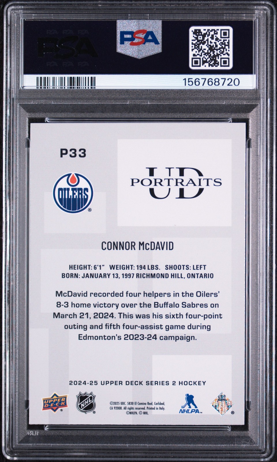 2024 UD UD PORTRAITS #P33 CONNOR MCDAVID PSA 10 view 2