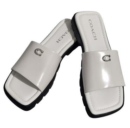 Coach Florence LTH Sandals Slides Mules Women's 7.5 M White Logo Minimalist New - Picture 2 of 17