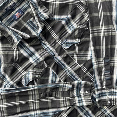 Dickies Mens Gray Black Blue Plaid Pearl Snap Button XLT Western Shirt XL Tall