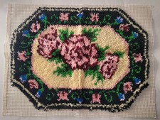 Vintage Latch Hook Rug Finished Pink Roses Cream Floral With Black Edge